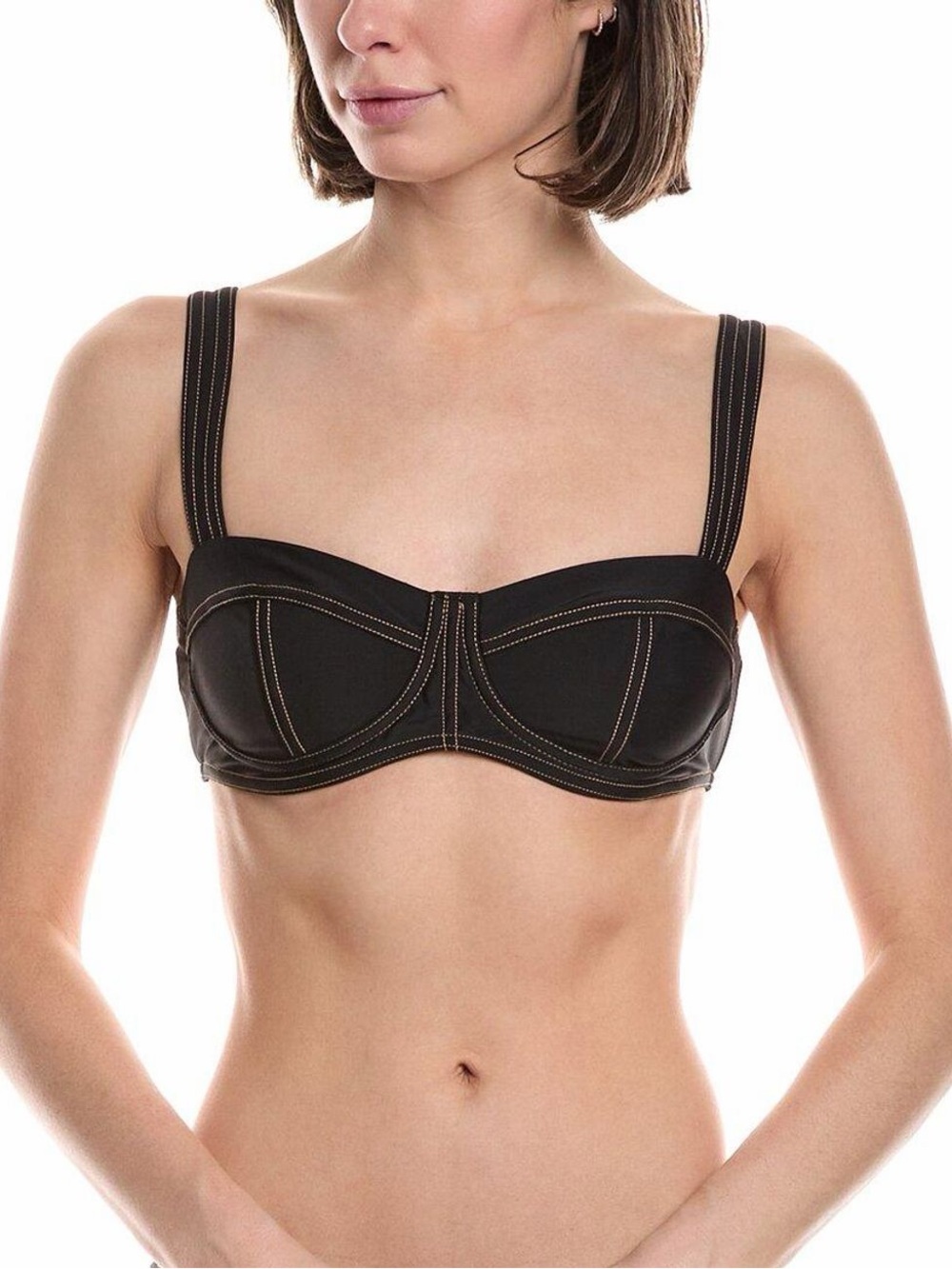 DEVON WINDSOR Jade Top- Black Bikini Top with Contrast Tan Stitching NWT